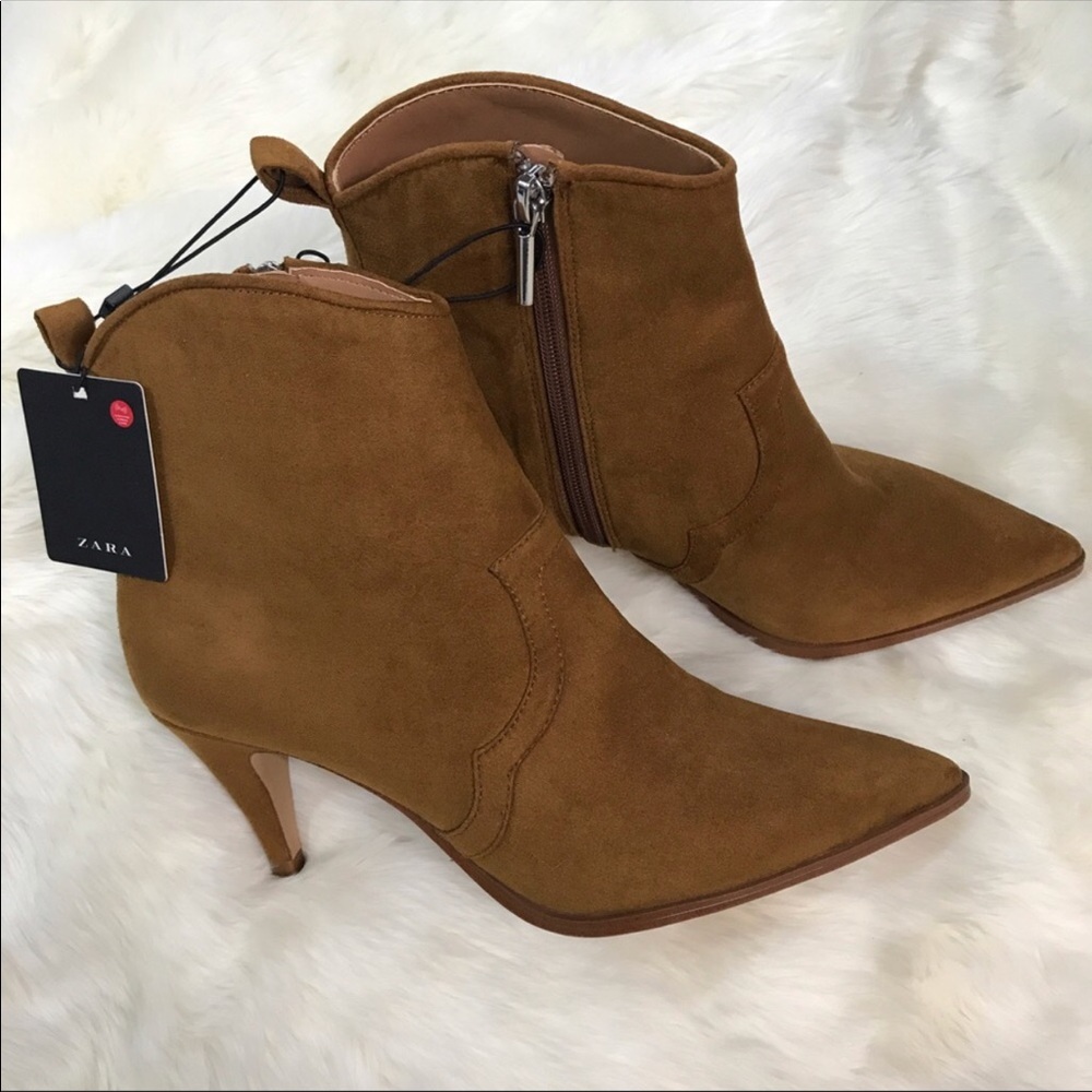 Zara Trafaluc Camel Suede Kitten Heel Boot